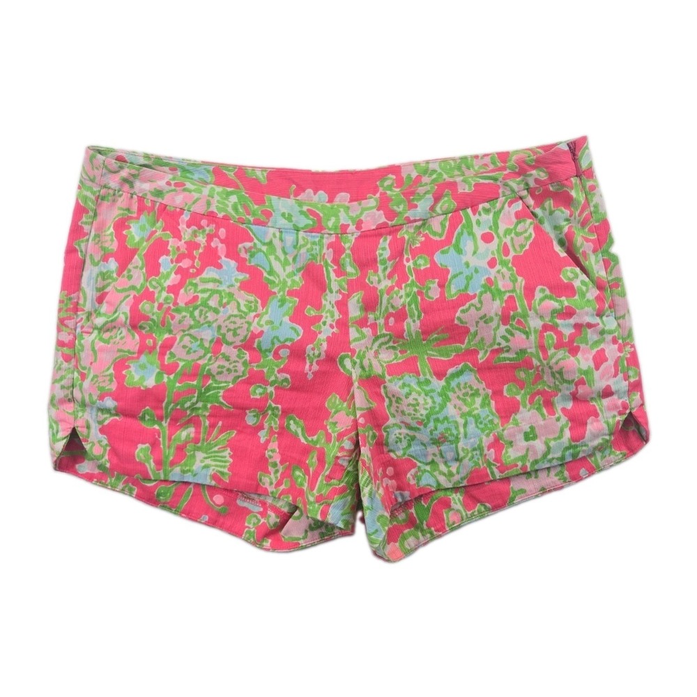 Lilly Pulitzer Pink Green Floral Cotton Women's 0 Trouser Short Side Zip Pockets